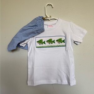 White Short-Sleeve Kids Tee with Green Fish Smocking by Stitchy Fish